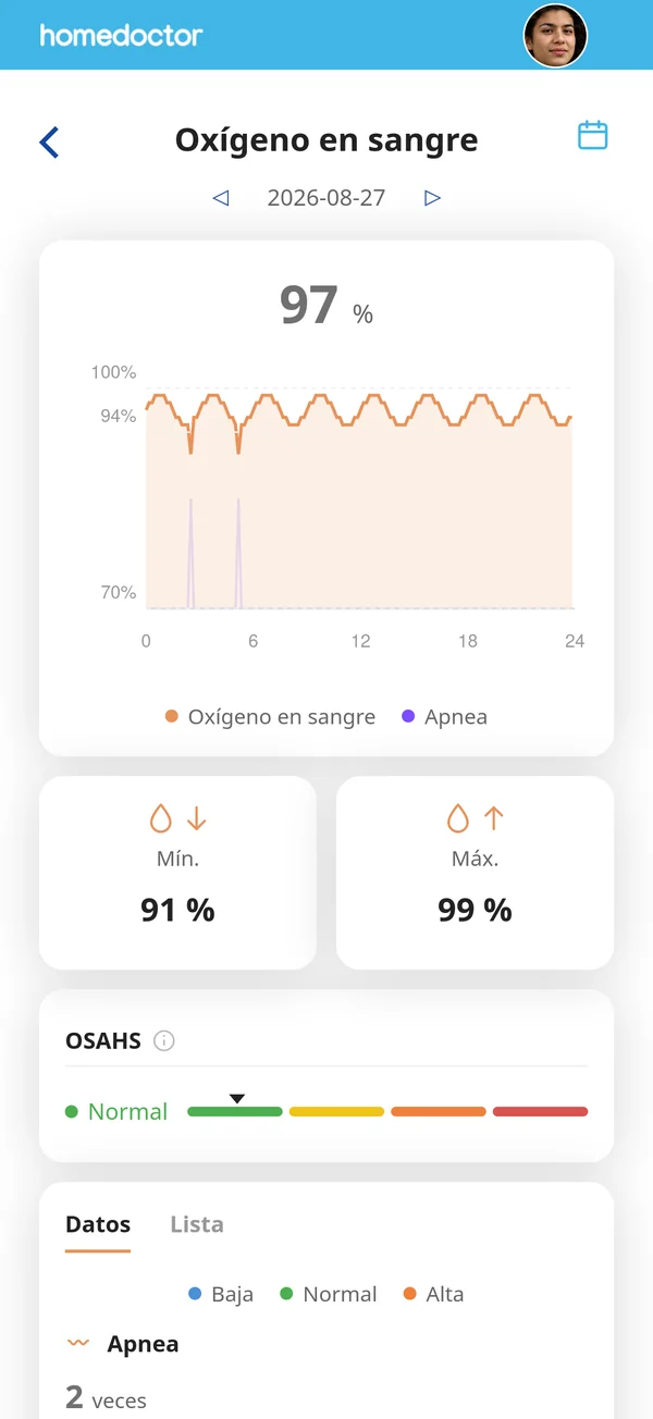 Pantalla de la app homedoctor: Tu oxígeno, de noche