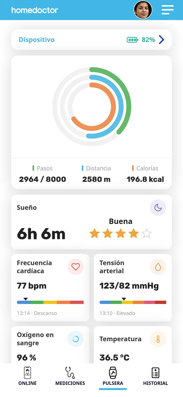 Pantalla de la app homedoctor: Tu día, de un vistazo
